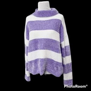 Love By Design Chenille Sweater Large Purple White Striped Cowl Neck